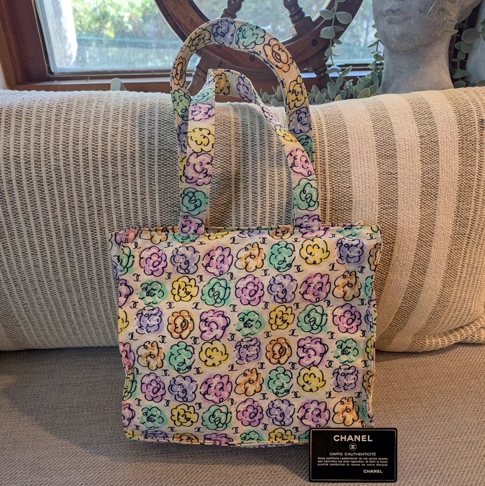 Chanel Camellia CC Classic Multicolour Floral Cotton Canvas Vintage Tote Bag